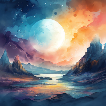 Cosmic Landscapes: A stunning watercolor illustration of a vibrant galaxy with bright stars shining in the distance, capturing the beauty of outer space. Generative AI.の素材