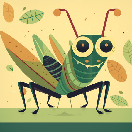 A grasshopper perched on a branch, with its powerful legs ready to jump. Its oversized eyes gaze ahead, capturing a wide-angle view of its surroundings. Generative AI.の素材