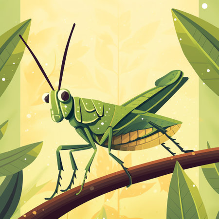 A grasshopper perched on a branch, with its powerful legs ready to jump. Its oversized eyes gaze ahead, capturing a wide-angle view of its surroundings. Generative AI.の素材