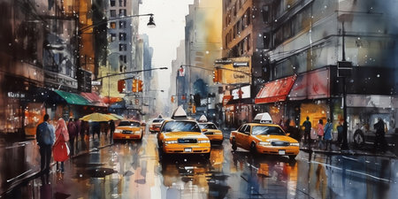 Cityscapes: A dynamic watercolor illustration of a busy city street, capturing the energy and movement of city life, with bright colors and bold brushstrokes. Generative AI.の素材