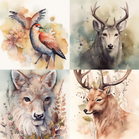 Wildlife Illustrations: A realistic watercolor illustration of a majestic elephant, with intricate details and subtle shades of gray creating a sense of depth and texture. Generative AI.の素材