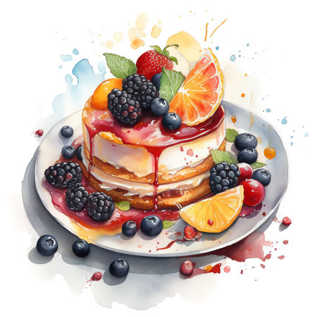 Food Illustrations: A mouth-watering watercolor illustration of a juicy, ripe peach, with vibrant shades of orange and yellow that evoke the sweet, tangy taste of this delicious fruit. Generative AI.の素材