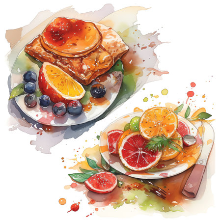Food Illustrations: A mouth-watering watercolor illustration of a juicy, ripe peach, with vibrant shades of orange and yellow that evoke the sweet, tangy taste of this delicious fruit. Generative AI.の素材