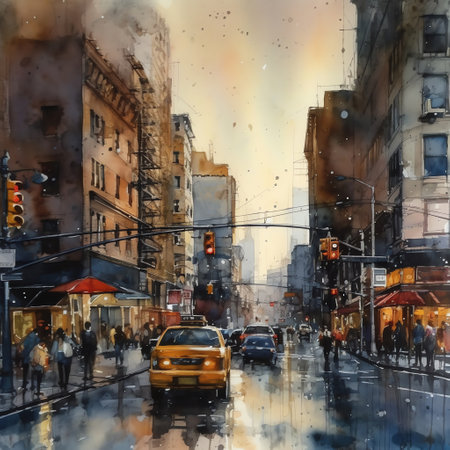 Cityscapes: A dynamic watercolor illustration of a busy city street, capturing the energy and movement of city life, with bright colors and bold brushstrokes. Generative AI.の素材