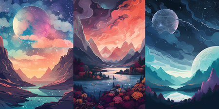 Cosmic Landscapes: A stunning watercolor illustration of a vibrant galaxy with bright stars shining in the distance, capturing the beauty of outer space. Generative AI.の素材