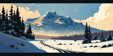 illustration of a panoramic shot of a winter landscape, with snow-covered trees and a bright blue sky. Generative AI.の素材