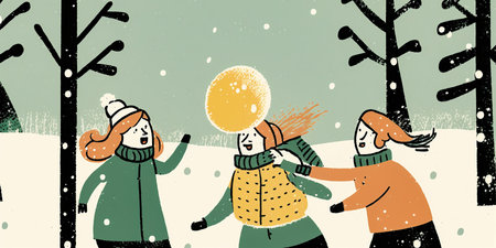 group of children playing in the snow, building a snowman in a park on a winter day. The snow is deep and fresh, with a blanket of white covering the ground. Generative AI.の素材