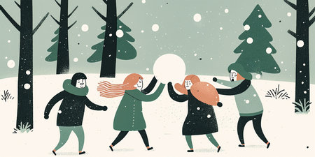 group of children playing in the snow, building a snowman in a park on a winter day. The snow is deep and fresh, with a blanket of white covering the ground. Generative AI.の素材