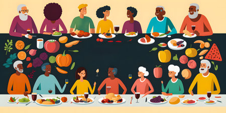 diverse group of people of different ages, races, and backgrounds gathered around a large table, enjoying a healthy meal together. table is filled with colorful fruits and vegetables. Generative AI.の素材