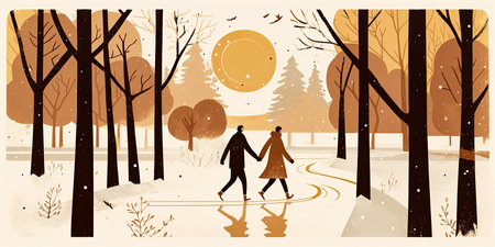 illustration of a couple ice skating hand-in-hand on a frozen lake surrounded by trees covered in snow. They glide effortlessly across ice, leaving a trail of skates behind them. Generative AI.の素材