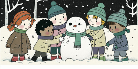 illustration of a group of children playing in the snow, building a snowman in a park on a winter day. The snow is deep and fresh, with a blanket of white covering the ground. Generative AI.の素材