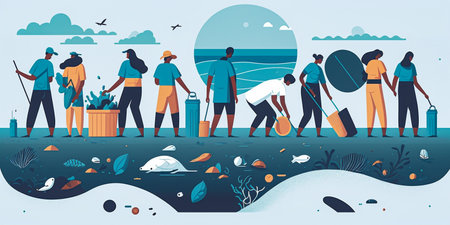 Illustration of a beach cleanup effort, with volunteers picking up trash and debris from the shoreline. Generative AI.の素材