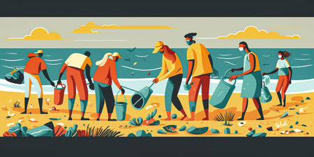 Illustration of a beach cleanup effort, with volunteers picking up trash and debris from the shoreline. Generative AI.の素材