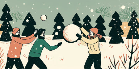 group of children playing in the snow, building a snowman in a park on a winter day. The snow is deep and fresh, with a blanket of white covering the ground. Generative AI.の素材