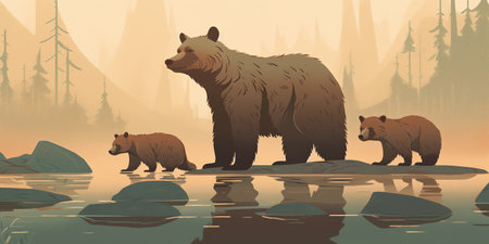 A mother bear stands in a river with a fish in her mouth while her two cubs watch. One cub stands on its hind legs trying to catch a fish. Generative AI.の素材