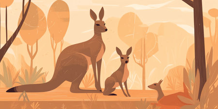 A mother kangaroo stands on her hind legs with her joey peeking out of her pouch. Trees and grass in background. Generative AI.の素材