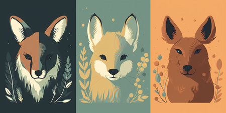 series of animal portraits with a flat style to capture their unique features in a simplified, cohesive way. Depict them in their natural habitats to showcase their beauty. Generative AI.の素材