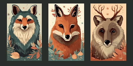 series of animal portraits with a flat style to capture their unique features in a simplified, cohesive way. Depict them in their natural habitats to showcase their beauty. Generative AI.の素材