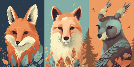 series of animal portraits with a flat style to capture their unique features in a simplified, cohesive way. Depict them in their natural habitats to showcase their beauty. Generative AI.の素材