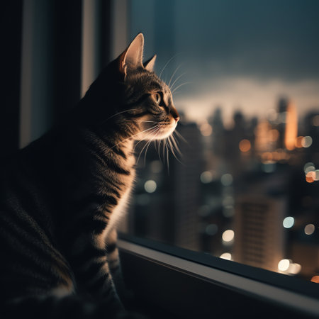 A gray cat sits on a windowsill overlooking the city skyline in the background. Its tail is curled around its paws, and it looks content and relaxed. Generative AI.の素材