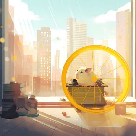 A hamster runs on a yellow wheel inside a small apartment. The cityscape is visible through the window, and a small water bottle is attached to the side of the cage. Generative AI.の素材