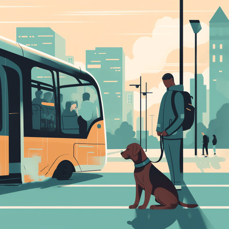 A person and their dog wait at a city bus stop, surrounded by other commuters. The dog sits patiently beside its owner, looking up at them with adoration. Generative AI.の素材