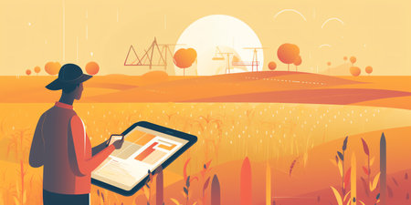 Precision Farming: A modern flat-style illustration of a farmer using a tablet to analyze data about their crops, with a focus on the technology aspect of smart farming. Generative AI.の素材