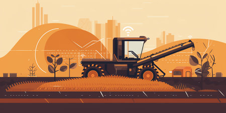 Automated Harvesting: A futuristic flat-style illustration of a robotic harvester with mechanical arms and sensors, collecting crops in a farm setting. Generative AI.の素材