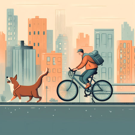 A person rides a bike with their dog sitting on the handlebars, traveling down a city street with tall buildings and cars in the background. The dog looks happy and excited. Generative AI.の素材