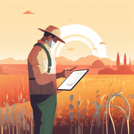 Precision Farming: A modern flat-style illustration of a farmer using a tablet to analyze data about their crops, with a focus on the technology aspect of smart farming. Generative AI.の素材