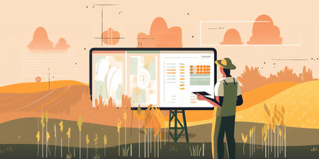 Precision Farming: A modern flat-style illustration of a farmer using a tablet to analyze data about their crops, with a focus on the technology aspect of smart farming. Generative AI.の素材