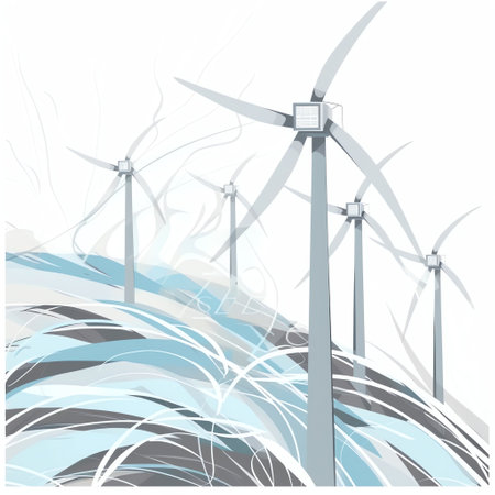 wind power banner with wind turbines and plants, in the style of simple yet powerful forms, light gray and light blue, energetic gestures, animated energy, whirly, minimalist backgrounds. Generative AI.の素材