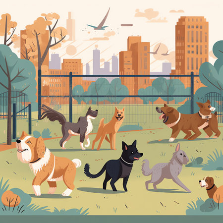 Dogs of different breeds and sizes play and socialize in a fenced-in urban dog park, surrounded by trees and benches. Their owners sit and chat in the background. Generative AI.の素材