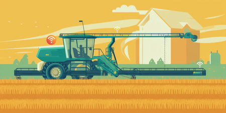 Automated Harvesting: A futuristic flat-style illustration of a robotic harvester with mechanical arms and sensors, collecting crops in a farm setting. Generative AI.の素材