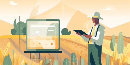 Precision Farming: A modern flat-style illustration of a farmer using a tablet to analyze data about their crops, with a focus on the technology aspect of smart farming. Generative AI.の素材