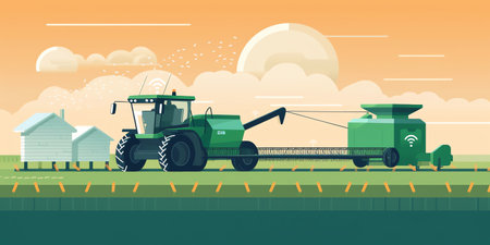 Automated Harvesting: A futuristic flat-style illustration of a robotic harvester with mechanical arms and sensors, collecting crops in a farm setting. Generative AI.の素材