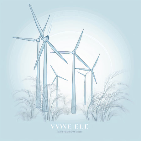 wind power banner with wind turbines and plants, in the style of simple yet powerful forms, light gray and light blue, energetic gestures, animated energy, whirly, minimalist backgrounds. Generative AI.の素材
