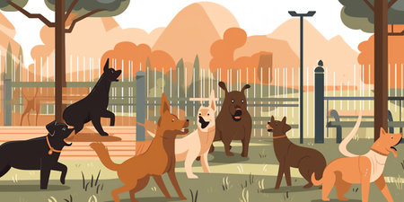 Dogs of different breeds and sizes play and socialize in a fenced-in urban dog park, surrounded by trees and benches. Their owners sit and chat in the background. Generative AI.の素材