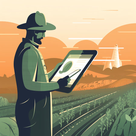 Precision Farming: A modern flat-style illustration of a farmer using a tablet to analyze data about their crops, with a focus on the technology aspect of smart farming. Generative AI.の素材