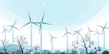 wind power banner with wind turbines and plants, in the style of simple yet powerful forms, light gray and light blue, energetic gestures, animated energy, whirly, minimalist backgrounds. Generative AI.の素材