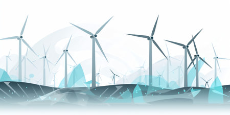 wind power banner with wind turbines and plants, in the style of simple yet powerful forms, light gray and light blue, energetic gestures, animated energy, whirly, minimalist backgrounds. Generative AI.の素材