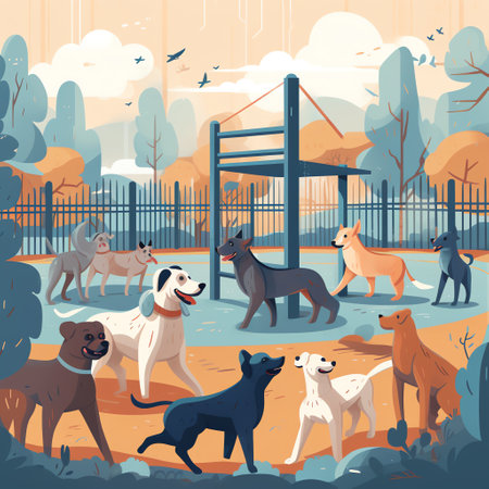 Dogs of different breeds and sizes play and socialize in a fenced-in urban dog park, surrounded by trees and benches. Their owners sit and chat in the background. Generative AI.の素材