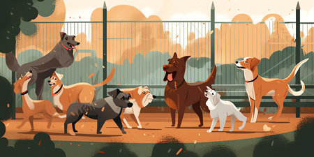 Dogs of different breeds and sizes play and socialize in a fenced-in urban dog park, surrounded by trees and benches. Their owners sit and chat in the background. Generative AI.の素材