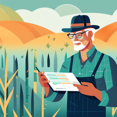 Precision Farming: A modern flat-style illustration of a farmer using a tablet to analyze data about their crops, with a focus on the technology aspect of smart farming. Generative AI.の素材