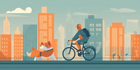 A person rides a bike with their dog sitting on the handlebars, traveling down a city street with tall buildings and cars in the background. The dog looks happy and excited. Generative AI.の素材