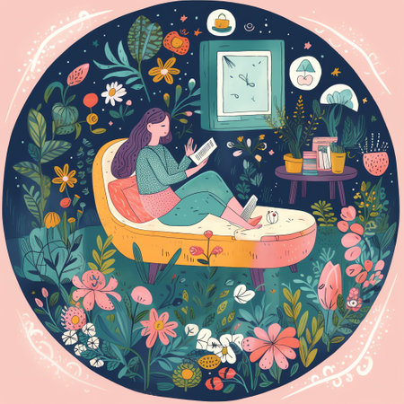 Mental Health - A flat style illustration of a person practicing self-care, such as reading a book or taking a bath, in a cozy and comfortable setting with soft colors and simple shapes. Generative AI.の素材