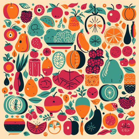 Fruits and Vegetables - A flat style illustration featuring a variety of fruits and vegetables arranged in an eye-catching way, with each item drawn in a simplified and geometric style. Generative AI.の素材