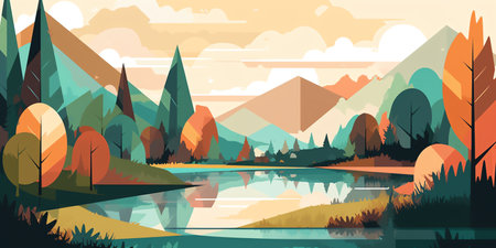 Nature - A flat style illustration of a natural landscape, such as a forest or mountain range, with simplified shapes and calming colors to convey a sense of peace and connection to nature. Generative AI.の素材