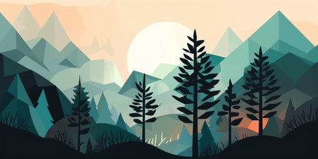 Nature - A flat style illustration of a natural landscape, such as a forest or mountain range, with simplified shapes and calming colors to convey a sense of peace and connection to nature. Generative AI.の素材