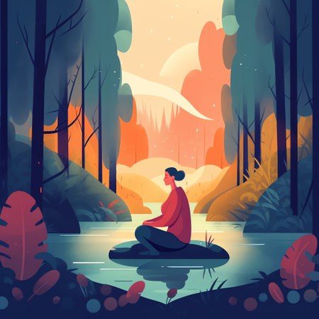Mindfulness - A flat style illustration of a person practicing mindfulness, such as meditating or practicing yoga, with muted colors and simple shapes to convey a sense of calm and inner focus. Generative AI.の素材